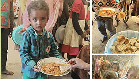 A collage of a child receiving food from a personDescription automatically generated