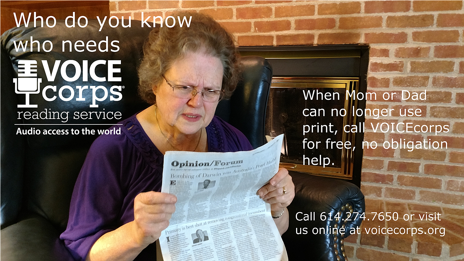 A woman struggles to read the daily newspaper.