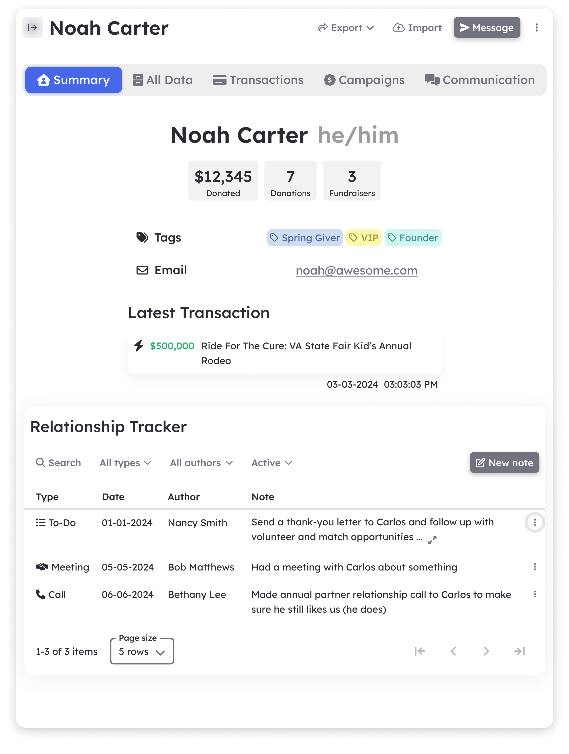 Donor profile card showing roles, tags, and donation history.