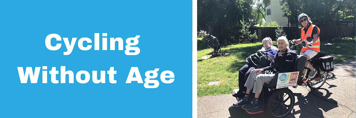 Cycling Without Age with elderly couple sitting in front of bike with cycling pedaling.