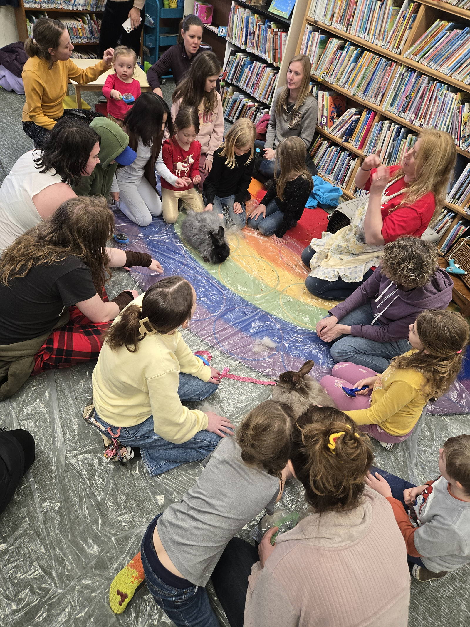 Large group of children and adults with angora rabbit. 