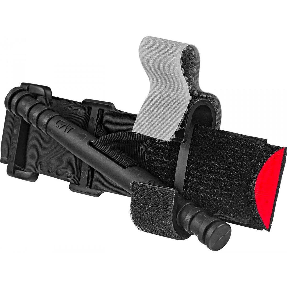 Picture of a small, black tourniquet with a gray strap