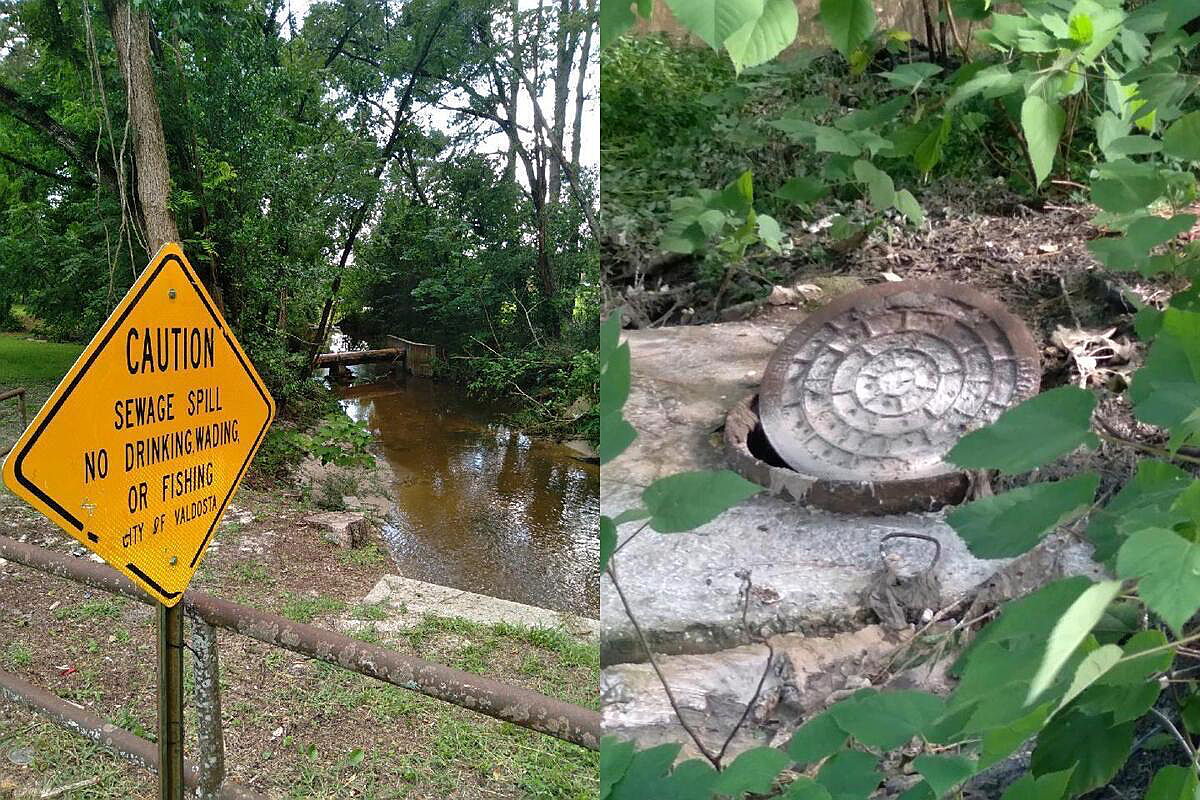 1200x800 Caution, Sewage Spill, Manhole ajar, Wainwright Drive, Onemile Branch, Valdosta, GA, M, in No Valdosta City repair work at chronic sewage spill manhole, Wainwright Drive, Onemile Branch, by John S. Quarterman, for WWALS.net, 8 July 2021