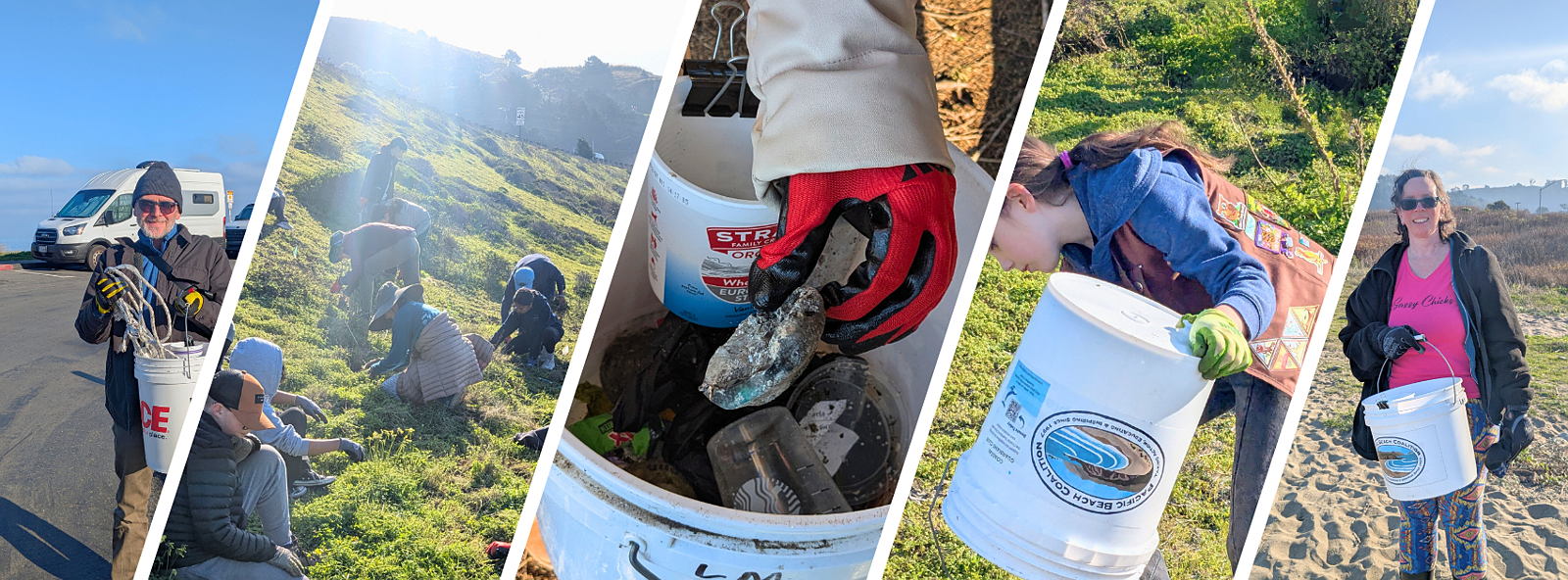 A collage of photos showcasing smiling volunteers of ages participating in beach cleanups, pulling weeds, and mulching