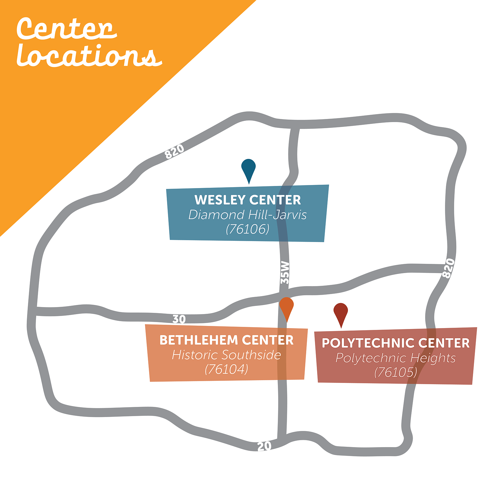 Map of Fort Worth indicating location of the Bethlehem, Polytechnic, and Wesley Centers