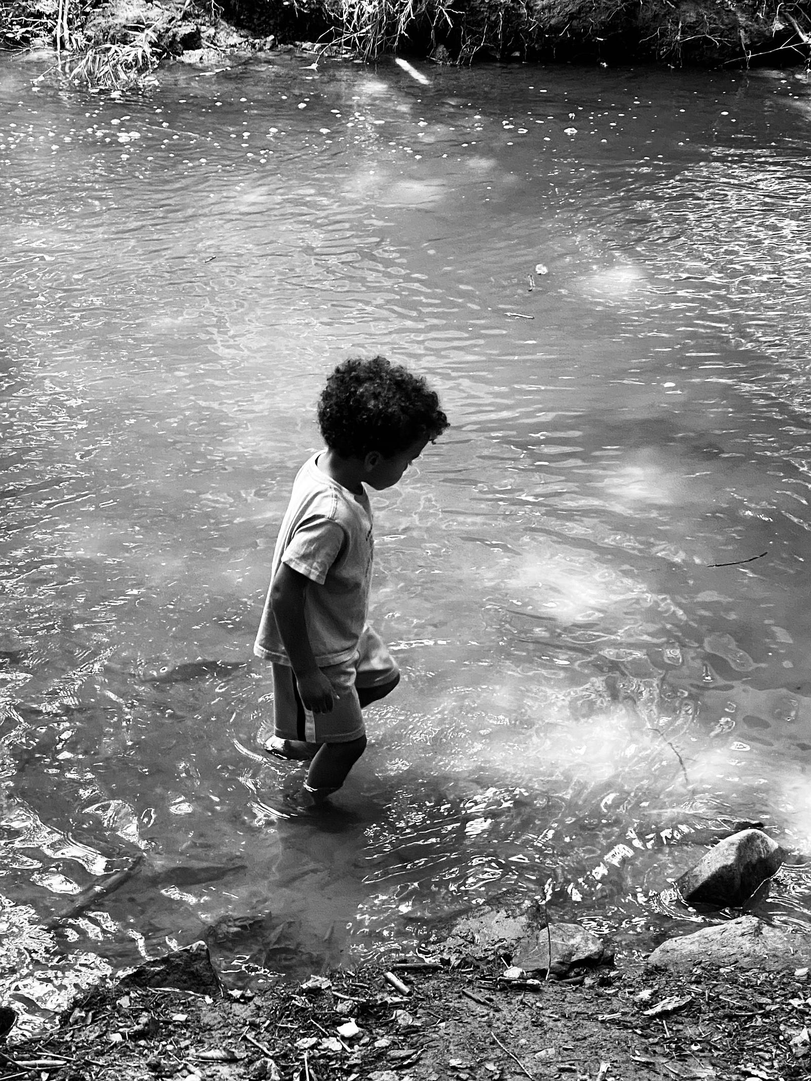 A child is wading in a creek