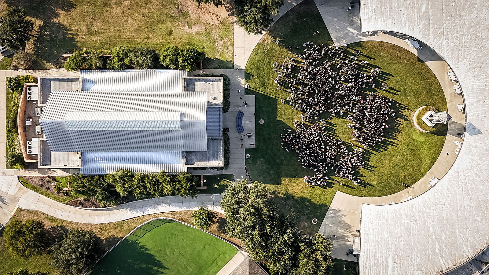 Aerial view of campus Chapel and Great Lawn