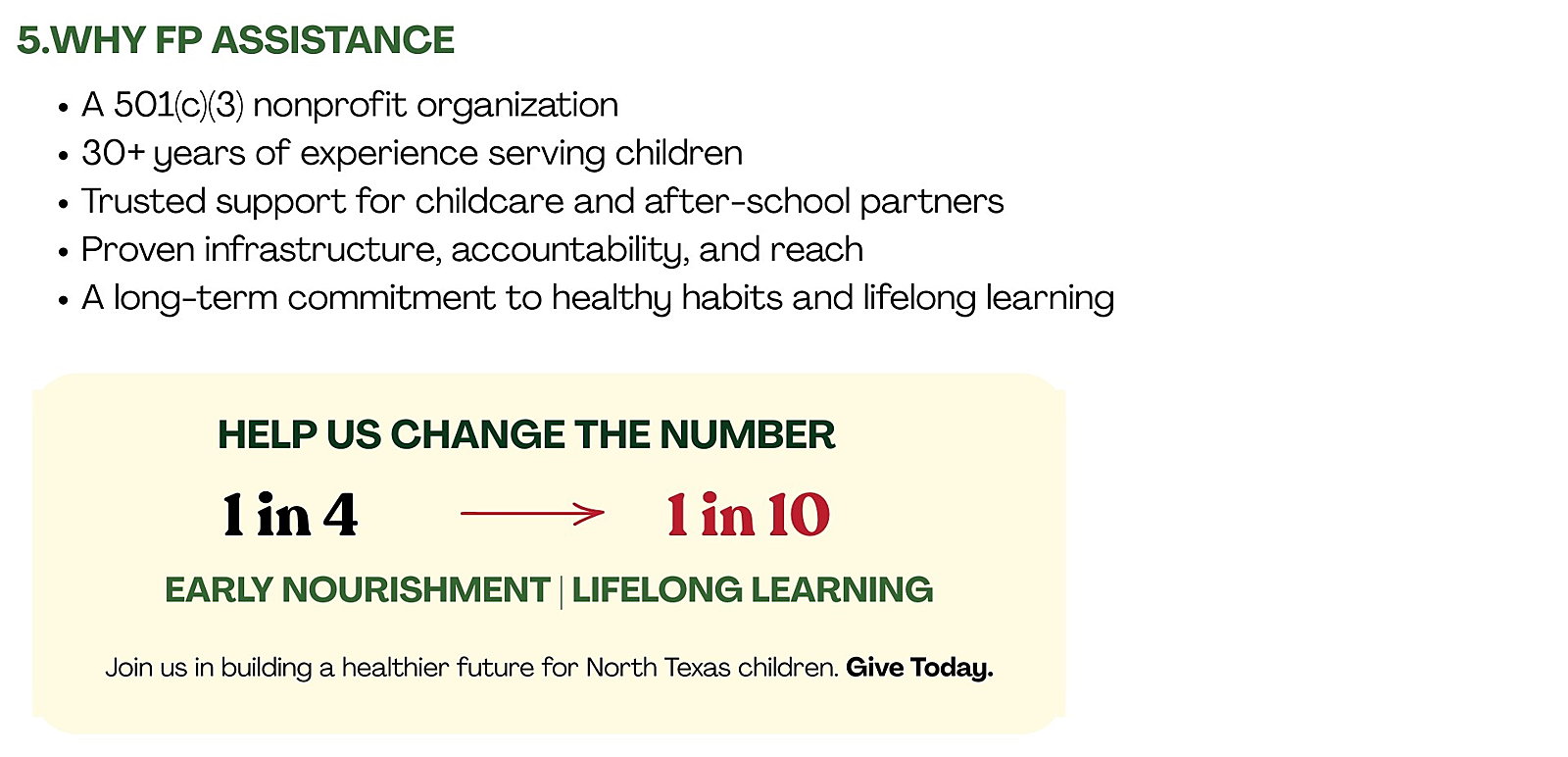 5. Why FP Assistance -  A 501(c)(3) nonprofit organization 30+ years of experience serving children Trusted support for child care and after-school partners Proven infrastructure, accountability, and reach A long-term commitment to healthy habits and lifelong learning Help Us Change the Number 1 in 4 → 1 in 10 EARLY NOURISHMENT | LIFELONG LEARNING Join us in building a healthier future for North Texas children. Give today.