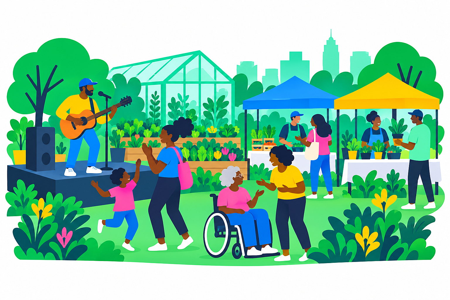 EHW-style illustration of neighbors enjoying live music, garden vendors and an urban farm festival