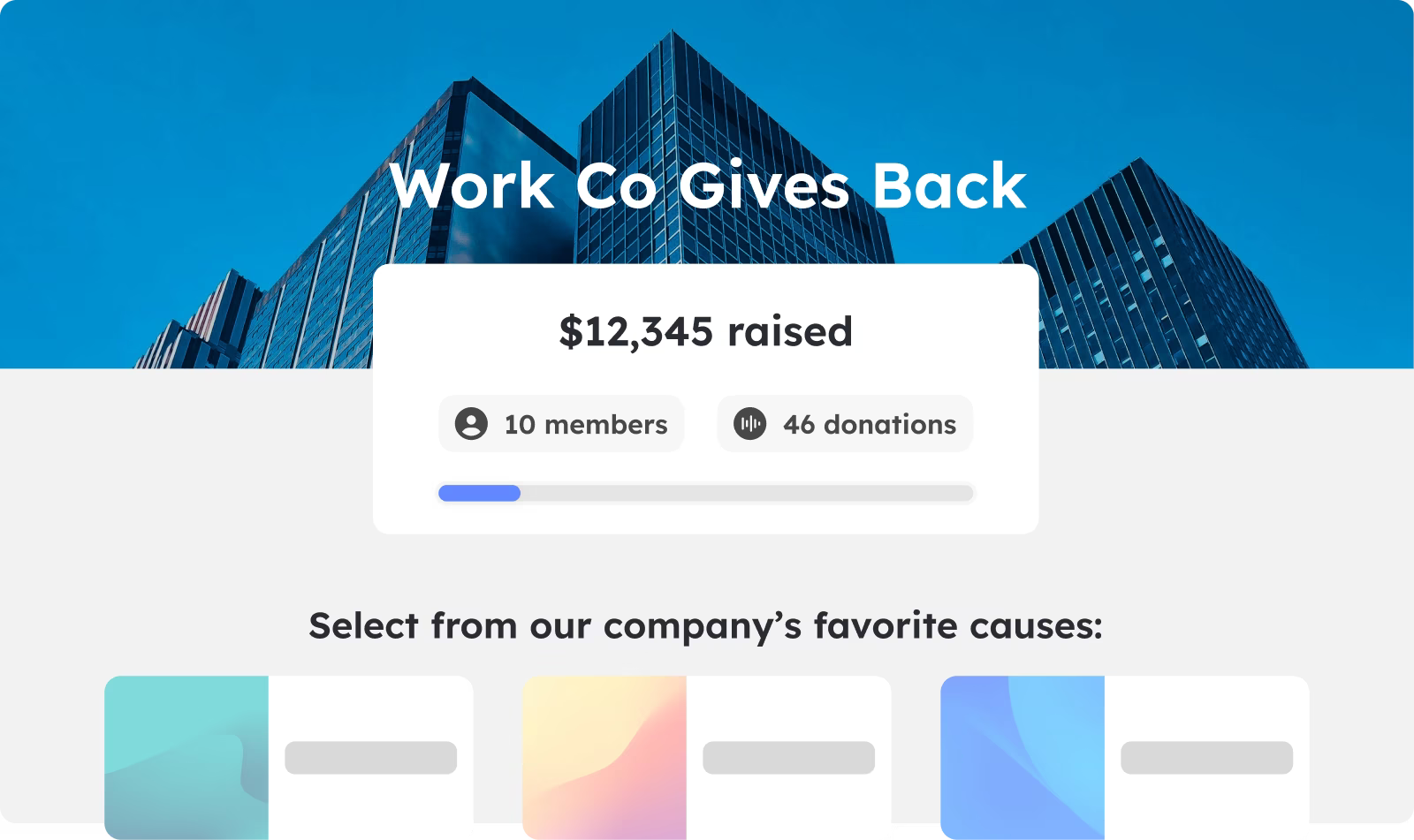 A page designed for corporate philanthropy giving, with the name of a company, an amount raised, and a grid of causes that the company has highlighted for employees to give to.