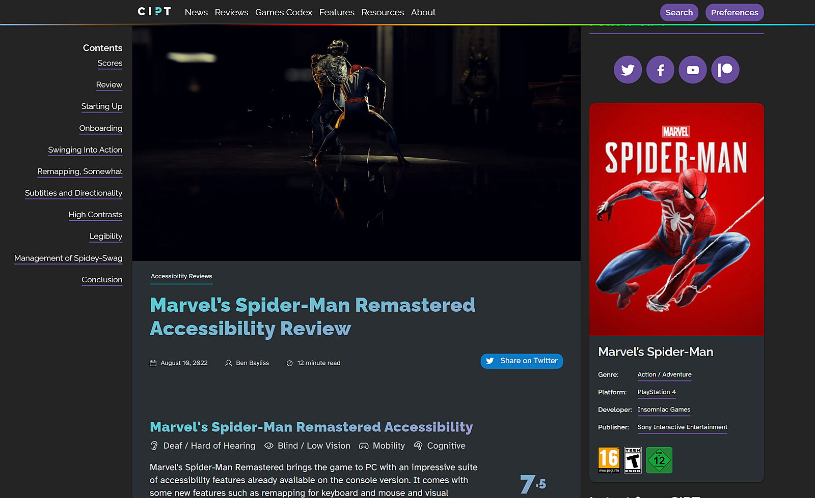 A screenshot of an accessibility review of Marvel's Spider-Man Remastered