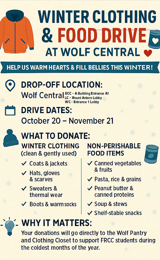 Poster for Winter Clothing & Food Drive with all details listed above in full text