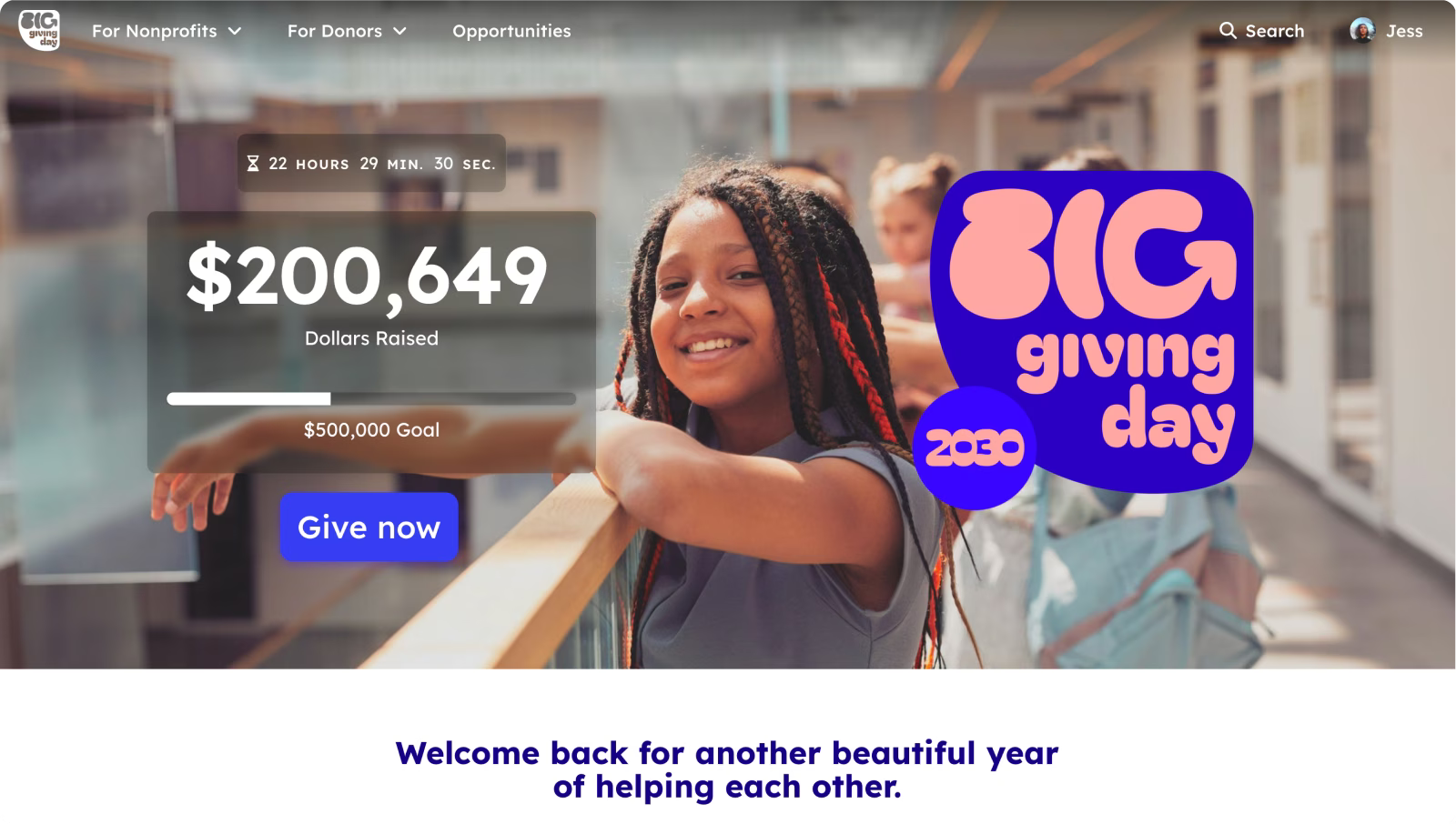 A live giving day homepage with the event's logo prominently featured alongside a large 'dollars raised' metric and a progress bar, a countdown clock, and a banner image, built with the Mightycause web builder available to giving event hosts.
