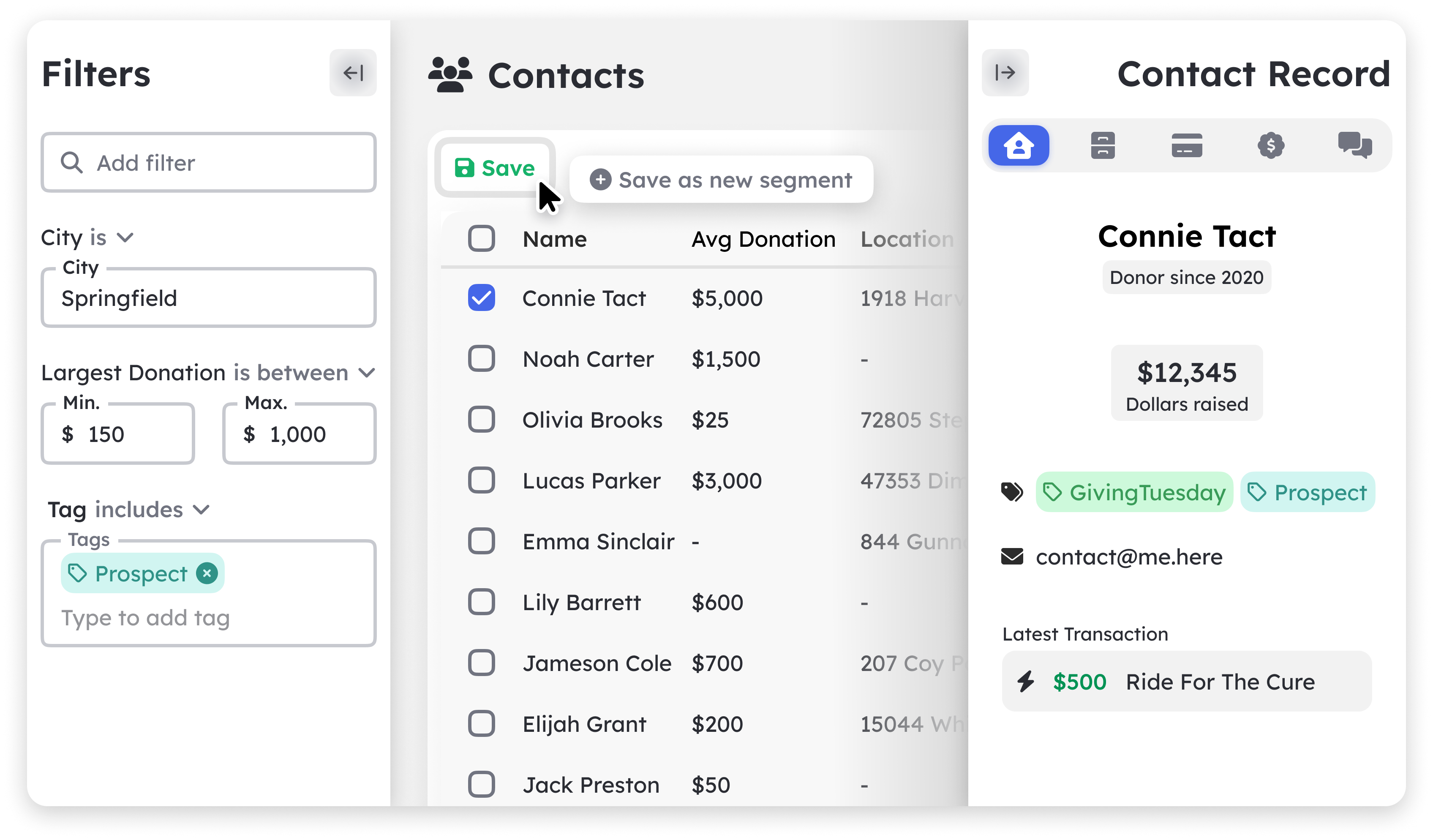 Supporter list with donor roles, tags, donation history, and email template for new donors.