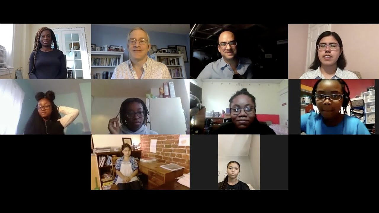 A screenshot of a Zoom session, featuring 10 participants in grid view (7 students and 3 WCL artists).