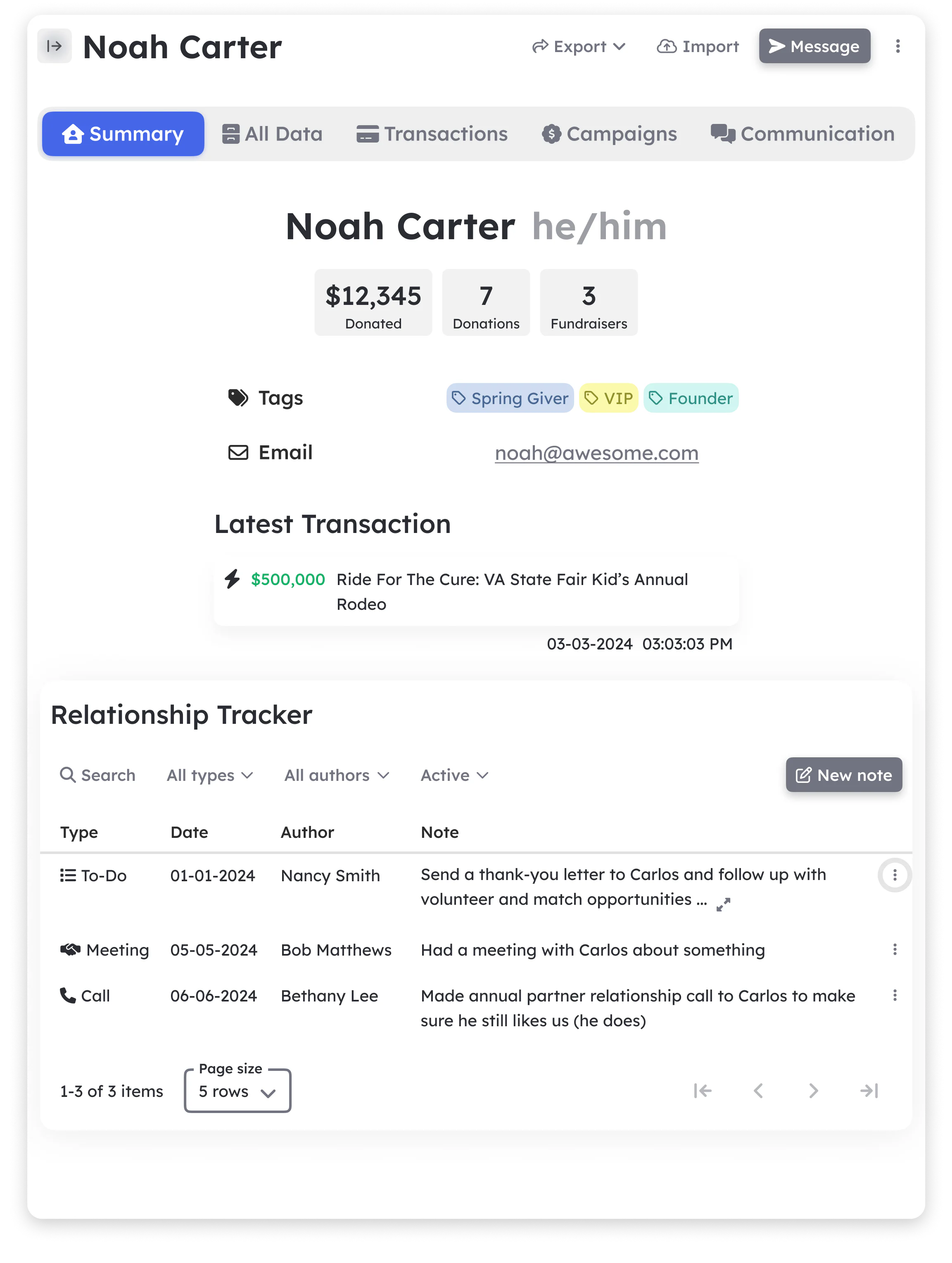 Donor profile card showing roles, tags, and donation history.