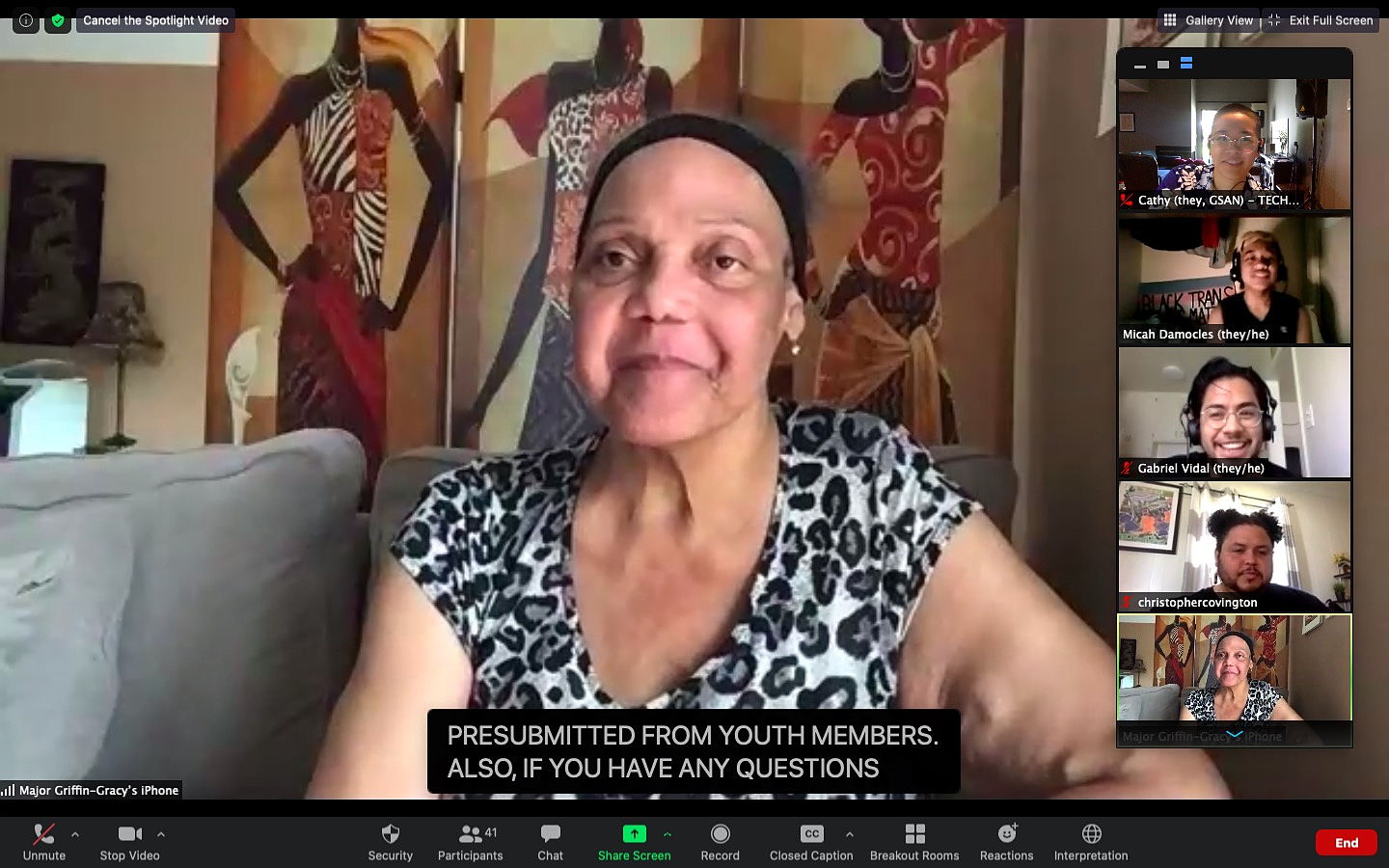 Screenshot of Zoom call featuring Miss Major, with 5 smaller images of GSA Network organizers and youth leaders to the right of the screen