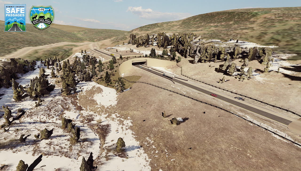 Conceptual rendering of proposed wildlife crossings on the westbound lanes of I-70 over East Vail Pass