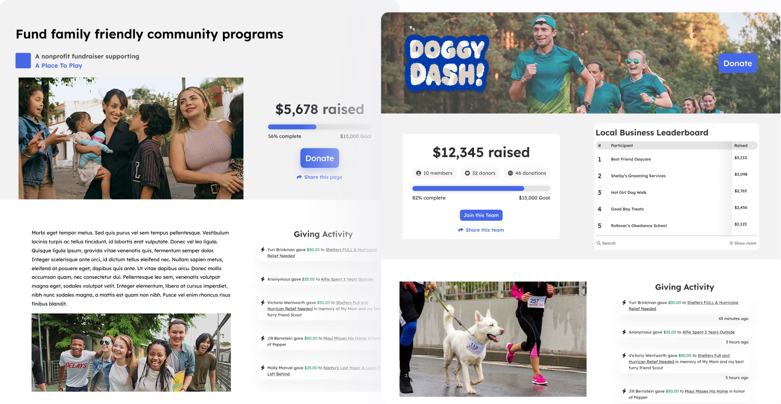 A side-by-side comparison of an individual fundraiser page with a story and an activity feed on the left, and a collaborative team page with a leaderboard on the right.