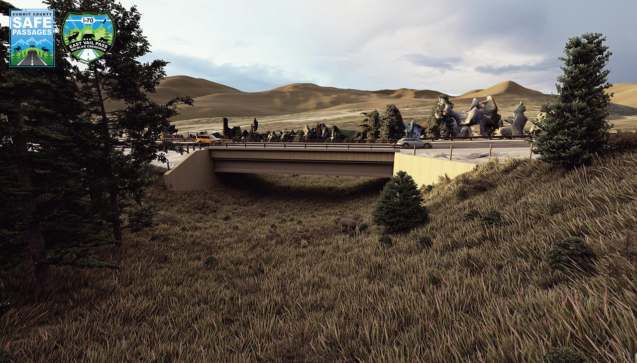 Conceptual rendering of proposed wildlife crossings on the westbound lanes of I-70 over East Vail Pass