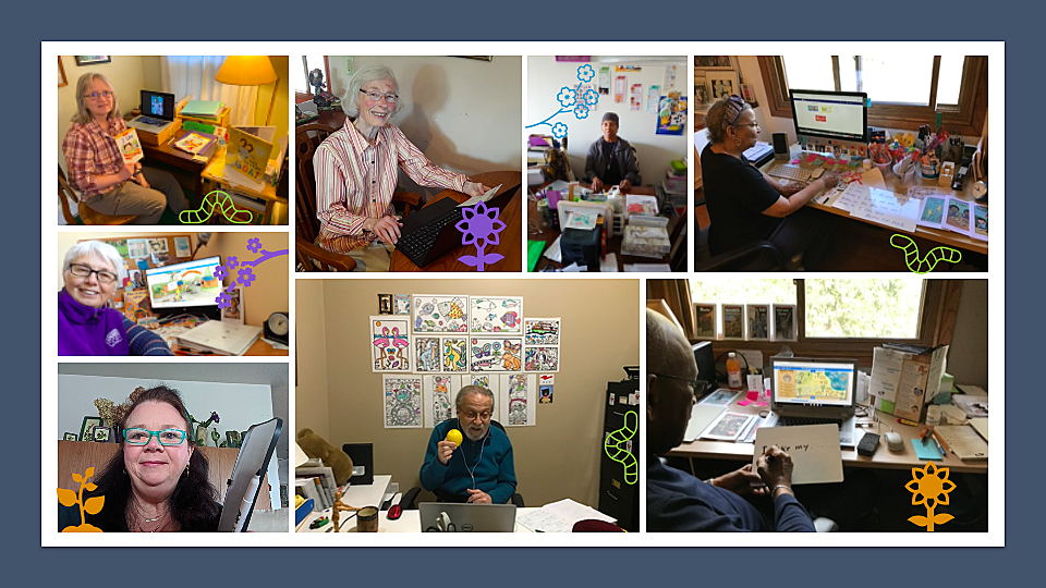 Collage of 7 different literacy mentors showing where they tutored from home during the 2020-2021 year. 