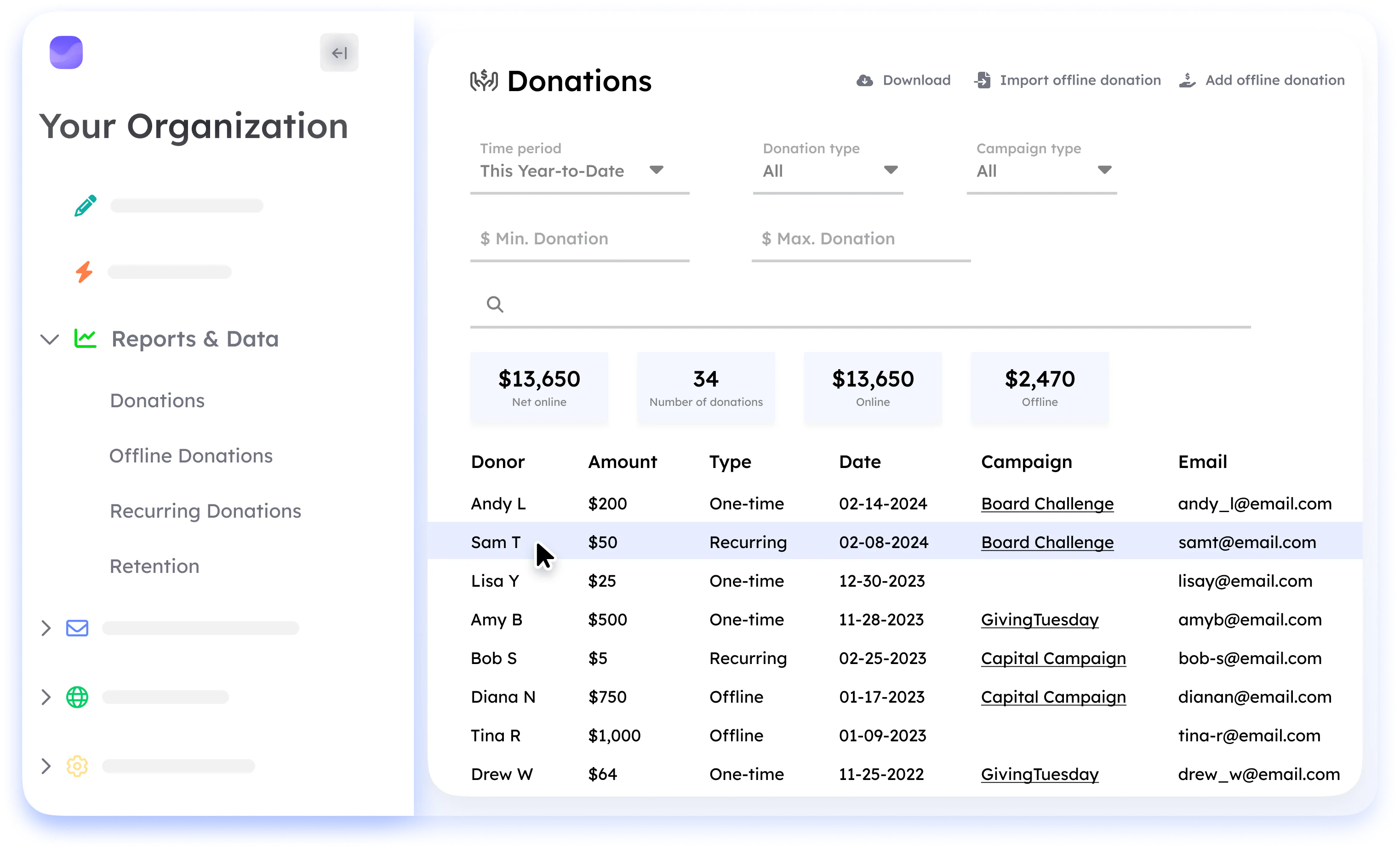 Easily track donations, manage offline contributions through easy donation reporting 